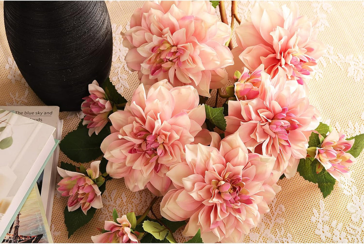 Silk Dahlia Artificial Flowers 24 Inch Long Stem - 5 Pack Fake Flowers for Wedding Bouquets,Home Decor,Fake Fall Flowers Decor,Table Arrangements-Faux Dahlia Floral (Pink1)