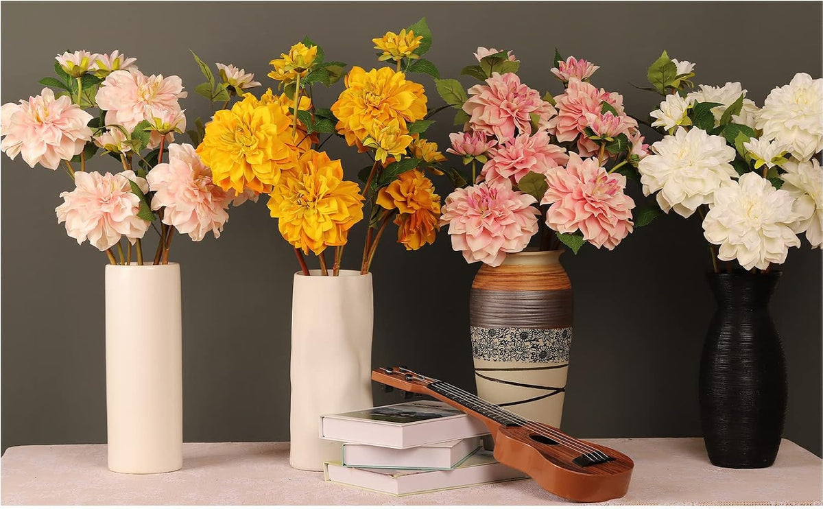Silk Dahlia Artificial Flowers 24 Inch Long Stem - 5 Pack Fake Flowers for Wedding Bouquets,Home Decor,Fake Fall Flowers Decor,Table Arrangements-Faux Dahlia Floral (Pink1)