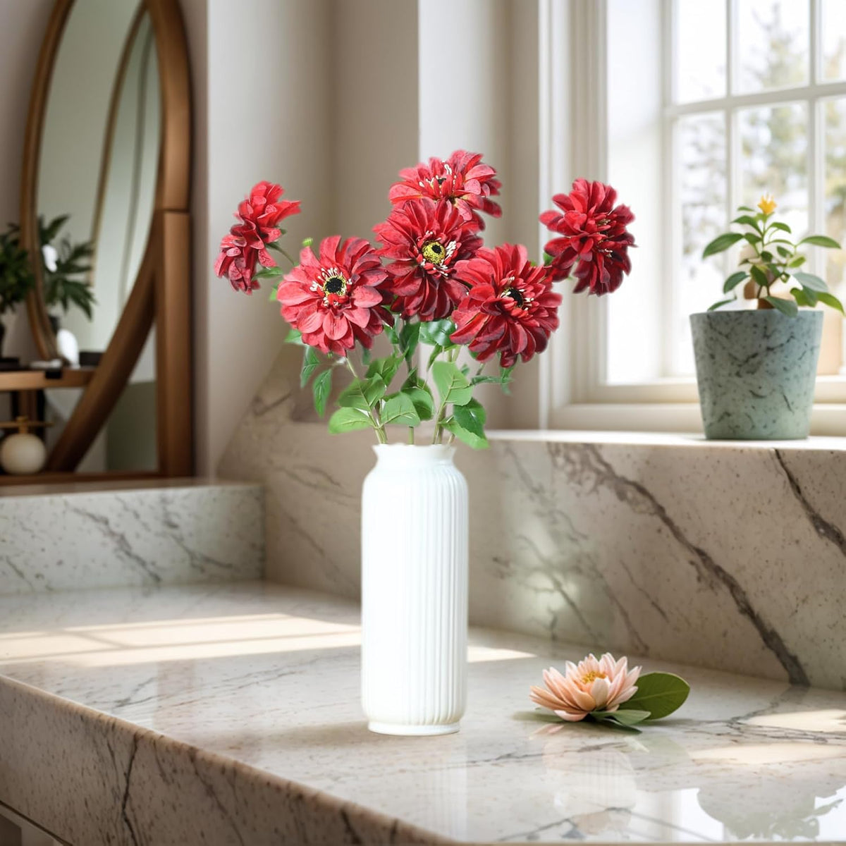 Silk Dahlia Artificial Flowers 24 Inch Long Stem - 5 Pack Fake Flowers for Wedding Bouquets,Home Decor,Fake Fall Flowers Decor,Table Arrangements-Faux Dahlia Floral (Pink1)