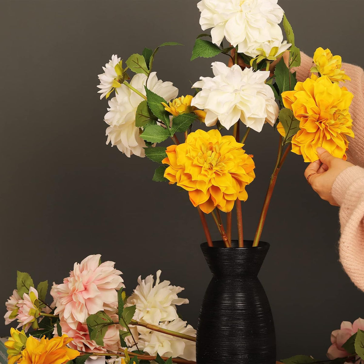 Silk Dahlia Artificial Flowers 24 Inch Long Stem - 5 Pack Fake Flowers for Wedding Bouquets,Home Decor,Fake Fall Flowers Decor,Table Arrangements-Faux Dahlia Floral (Pink1)