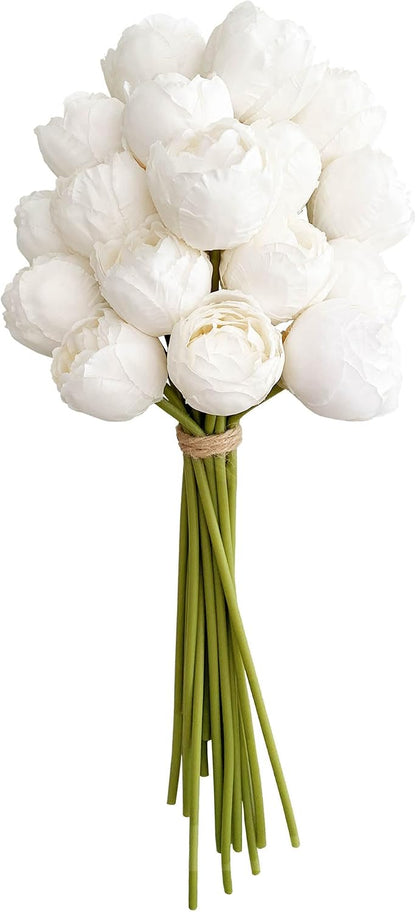 16PCS White Ranunculus Artificial Flowers，Small Fake White Foral