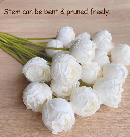 16PCS White Ranunculus Artificial Flowers，Small Fake White Foral