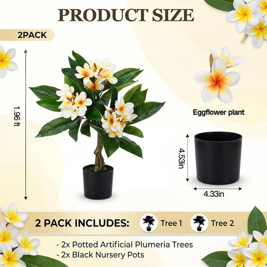 Riceshoot 2 Pack Artificial Plumeria Plants 23.62'' Fake Tropical Plumeria Flowers Tree Plants in Black Pot, Hawaiian Yellow Faux Frangipani Tree Plant for Home Office Wedding Decor