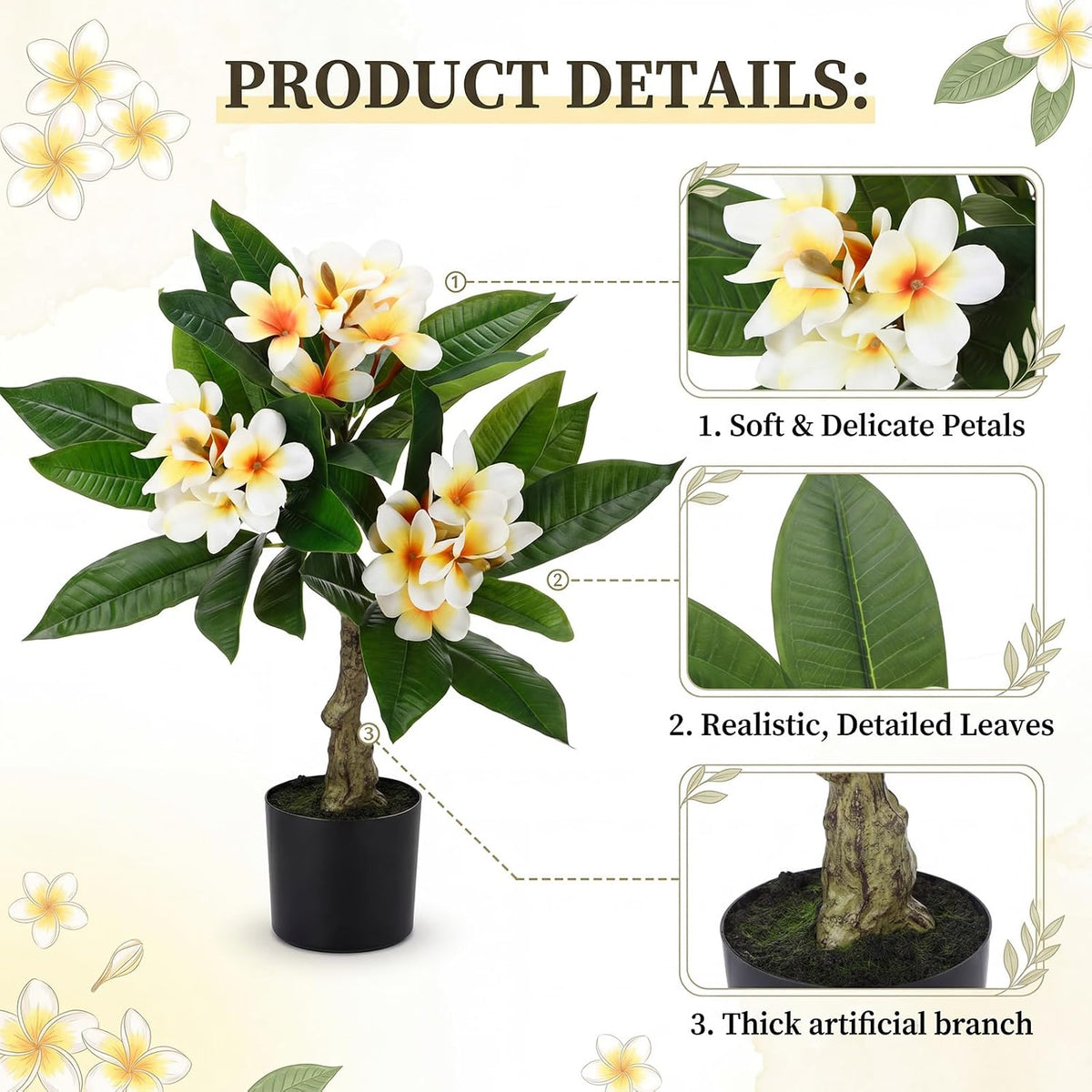 Riceshoot 2 Pack Artificial Plumeria Plants 23.62'' Fake Tropical Plumeria Flowers Tree Plants in Black Pot, Hawaiian Yellow Faux Frangipani Tree Plant for Home Office Wedding Decor