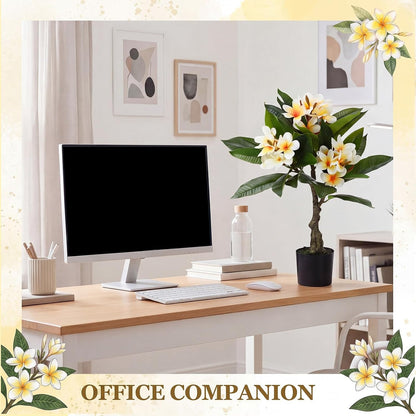 Riceshoot 2 Pack Artificial Plumeria Plants 23.62'' Fake Tropical Plumeria Flowers Tree Plants in Black Pot, Hawaiian Yellow Faux Frangipani Tree Plant for Home Office Wedding Decor