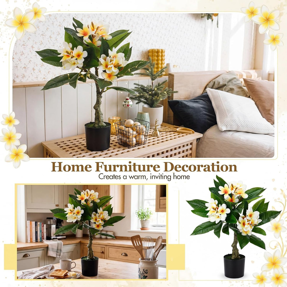 Riceshoot 2 Pack Artificial Plumeria Plants 23.62'' Fake Tropical Plumeria Flowers Tree Plants in Black Pot, Hawaiian Yellow Faux Frangipani Tree Plant for Home Office Wedding Decor