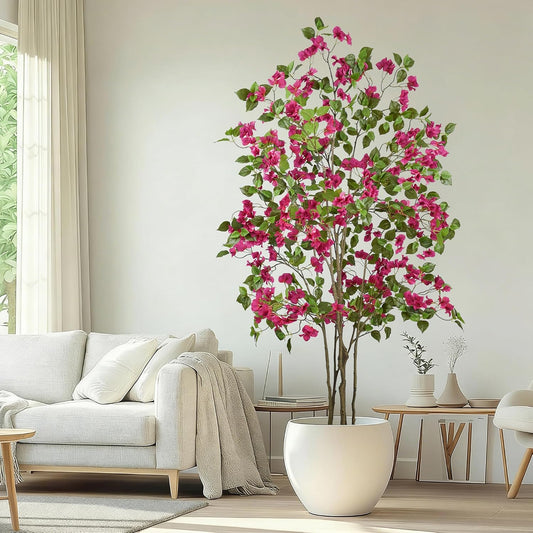 6FT Artificial Bougainvillea Tree with Realistic Purple Flowers in White Planter, Large Faux Blooming Tree, 72" Tall Fake Plant Indoor for Home Office Porch Hotel Store Wedding Decoration