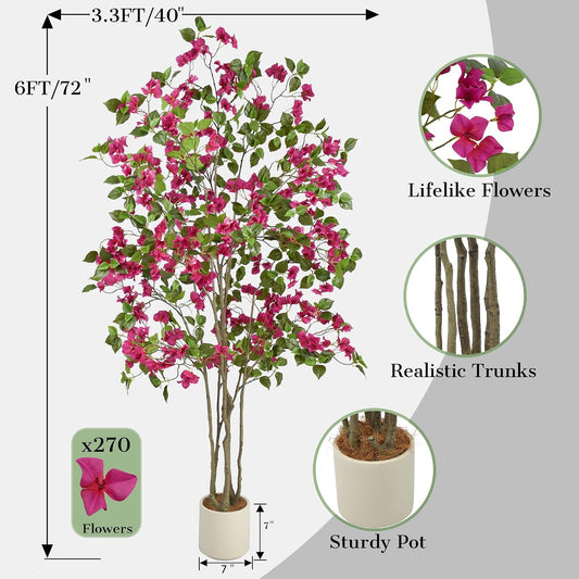 6FT Artificial Bougainvillea Tree with Realistic Purple Flowers in White Planter, Large Faux Blooming Tree, 72" Tall Fake Plant Indoor for Home Office Porch Hotel Store Wedding Decoration