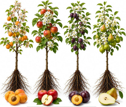 Fruit Orchard Bundle - 8 Live Bare Root Fruit Trees | Apricot, Apple, Plum & Pear Tree Bundle |2 of Each Variety | Dormant Fruit Tree Saplings for Backyard Orchards & Homesteads