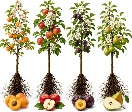 Fruit Orchard Bundle - 8 Live Bare Root Fruit Trees | Apricot, Apple, Plum & Pear Tree Bundle |2 of Each Variety | Dormant Fruit Tree Saplings for Backyard Orchards & Homesteads
