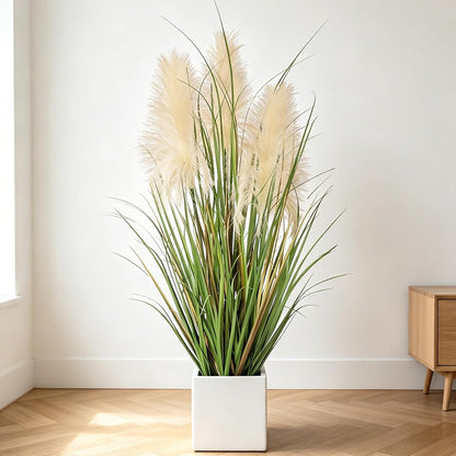 3ft Artificial Pampas Cattail Reed Grass Potted,35in Boho Fake Onion Grass Plant Indoor Outdoor,Home Garden Office Wedding Decor, Faux Greenery Housewarming Gift