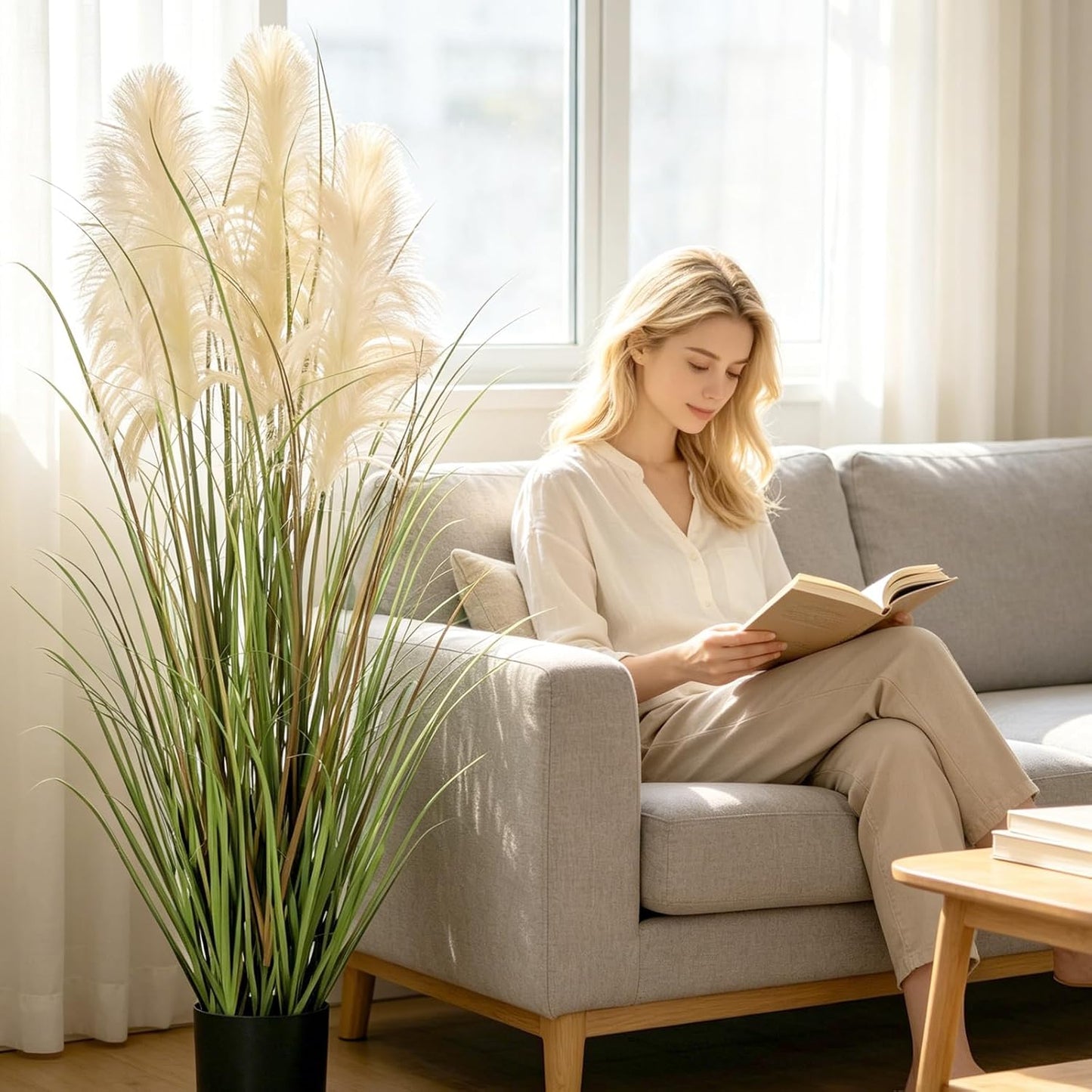 3ft Artificial Pampas Cattail Reed Grass Potted,35in Boho Fake Onion Grass Plant Indoor Outdoor,Home Garden Office Wedding Decor, Faux Greenery Housewarming Gift