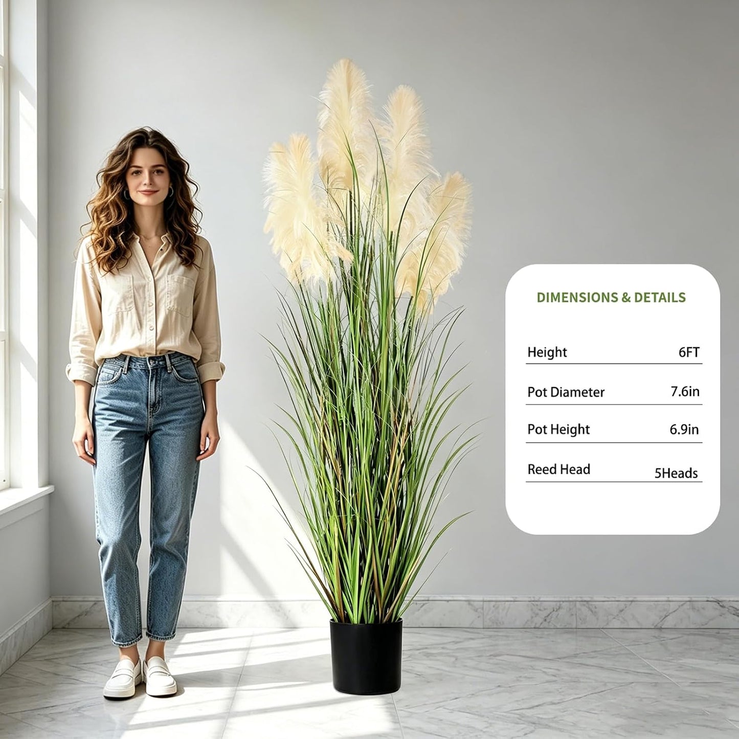 3ft Artificial Pampas Cattail Reed Grass Potted,35in Boho Fake Onion Grass Plant Indoor Outdoor,Home Garden Office Wedding Decor, Faux Greenery Housewarming Gift