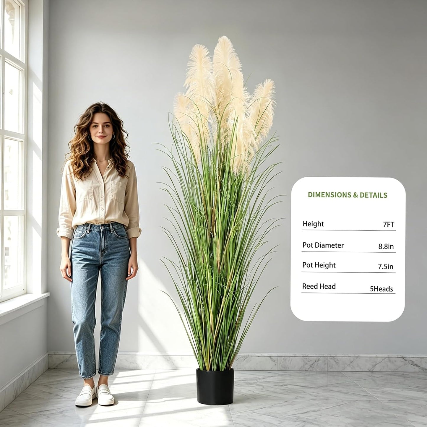 3ft Artificial Pampas Cattail Reed Grass Potted,35in Boho Fake Onion Grass Plant Indoor Outdoor,Home Garden Office Wedding Decor, Faux Greenery Housewarming Gift