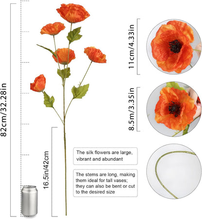 30 Heads 6 PCS Orange Poppy Flowers Artificial Flowers Silk Flowers 32 in Poppy Flowers for Wedding Home Party Table Centerpiece Arrangement Decoration (Orange)
