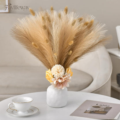50PCS Brown&White Pampas Grass, 17in Fluffy Boho Feathers Decor