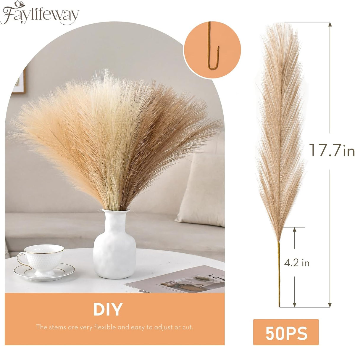 50PCS Brown&White Pampas Grass, 17in Fluffy Boho Feathers Decor