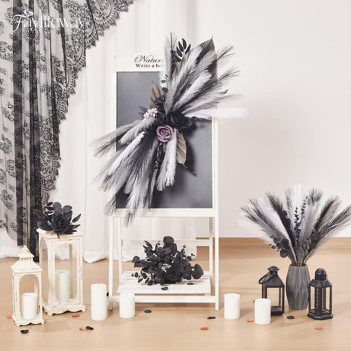 50PCS Brown&White Pampas Grass, 17in Fluffy Boho Feathers Decor