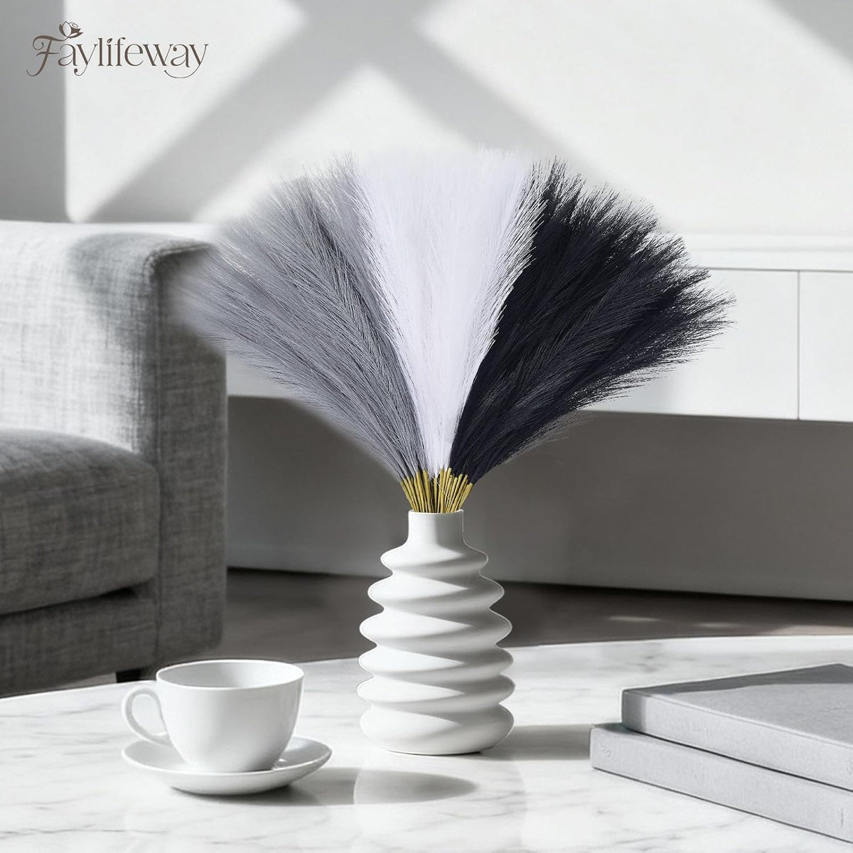 50PCS Brown&White Pampas Grass, 17in Fluffy Boho Feathers Decor