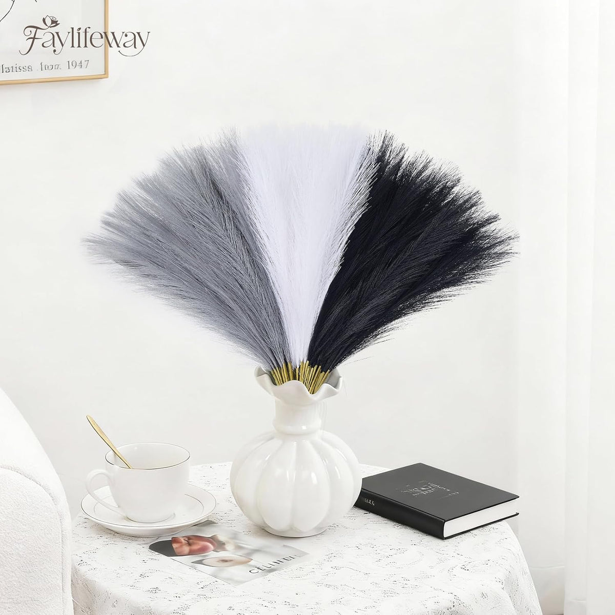 50PCS Brown&White Pampas Grass, 17in Fluffy Boho Feathers Decor