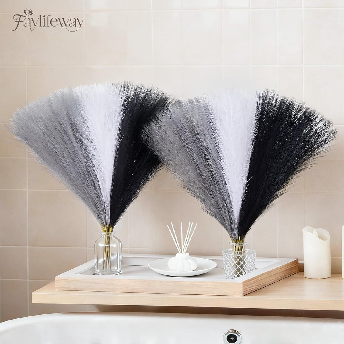 50PCS Brown&White Pampas Grass, 17in Fluffy Boho Feathers Decor