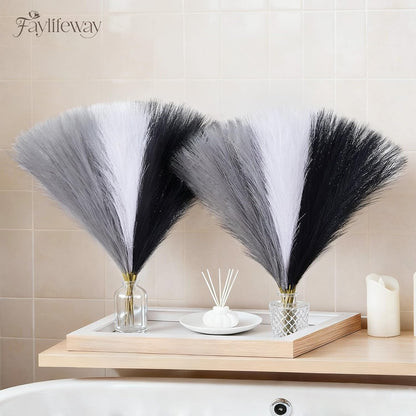 50PCS Brown&White Pampas Grass, 17in Fluffy Boho Feathers Decor