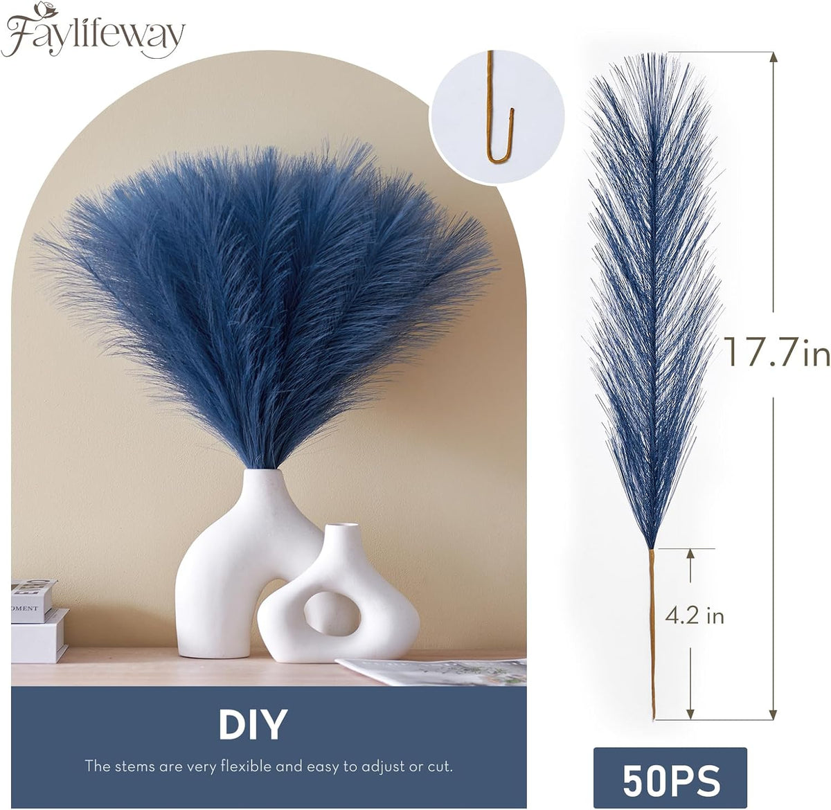 50PCS Brown&White Pampas Grass, 17in Fluffy Boho Feathers Decor
