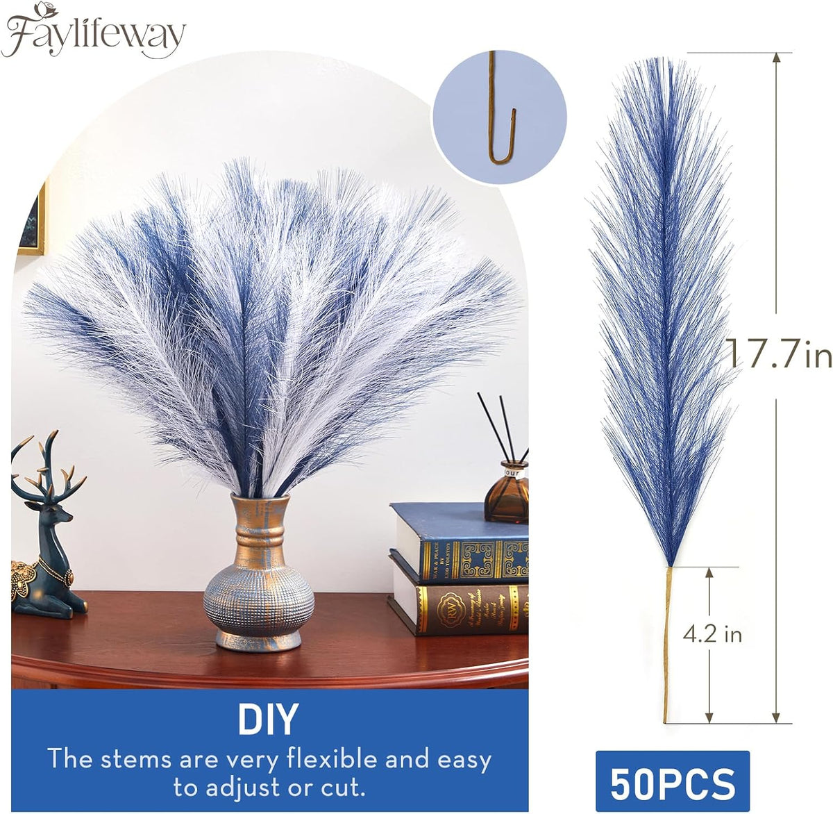 50PCS Brown&White Pampas Grass, 17in Fluffy Boho Feathers Decor