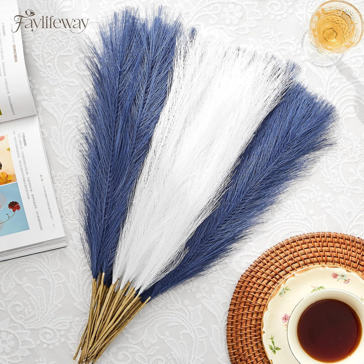 50PCS Brown&White Pampas Grass, 17in Fluffy Boho Feathers Decor