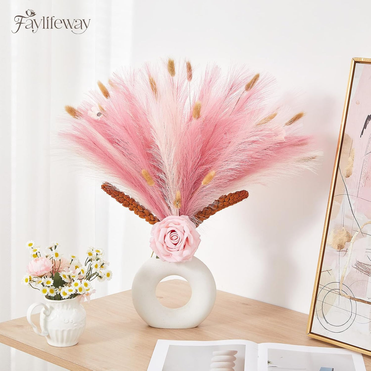 50PCS Brown&White Pampas Grass, 17in Fluffy Boho Feathers Decor