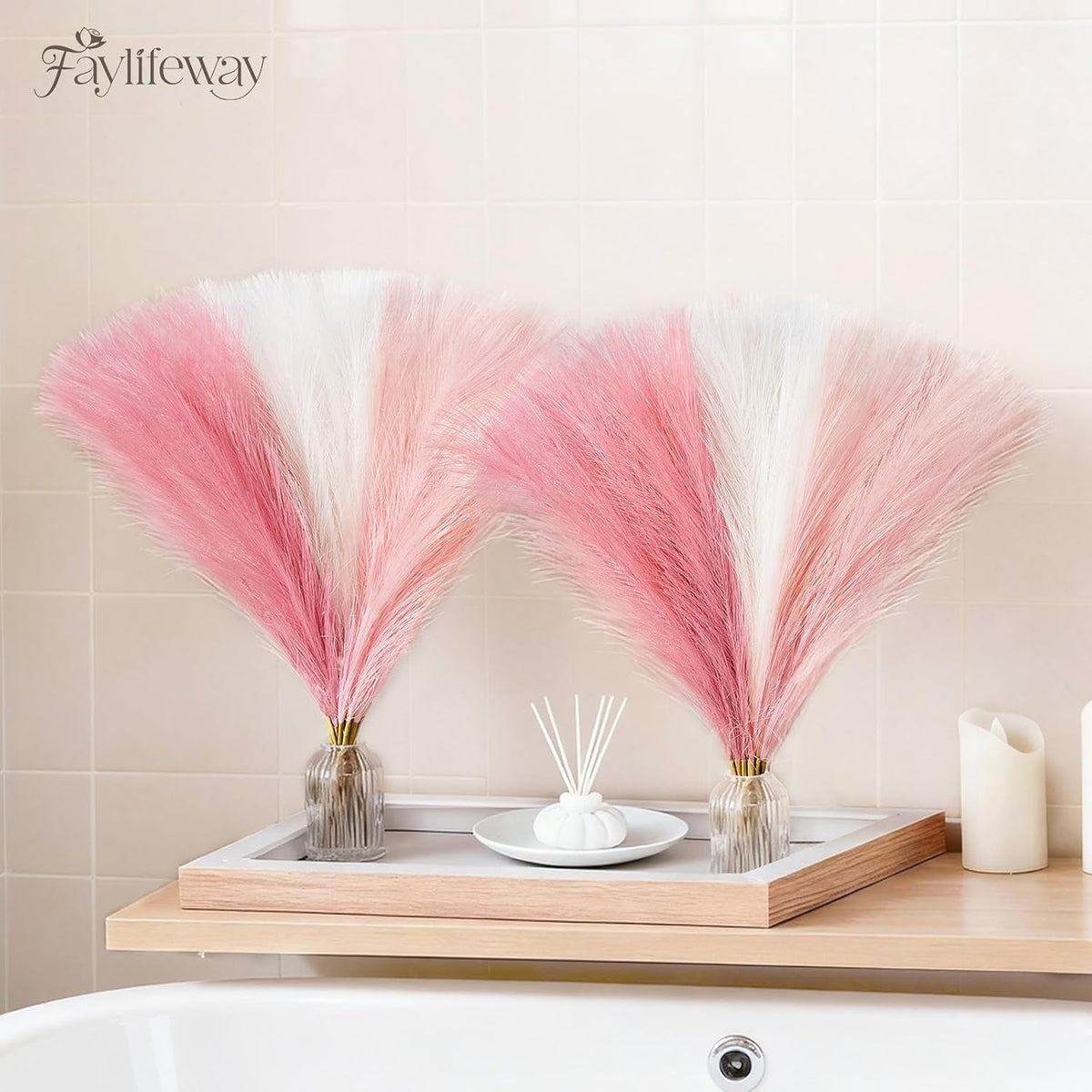 50PCS Brown&White Pampas Grass, 17in Fluffy Boho Feathers Decor