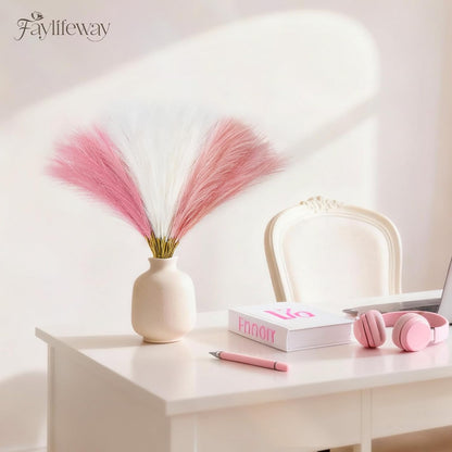 50PCS Brown&White Pampas Grass, 17in Fluffy Boho Feathers Decor