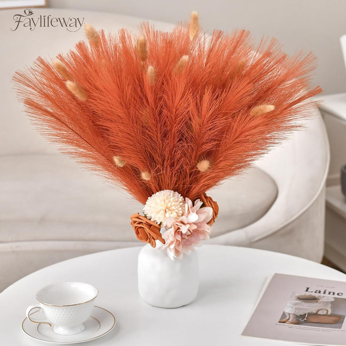 50PCS Brown&White Pampas Grass, 17in Fluffy Boho Feathers Decor