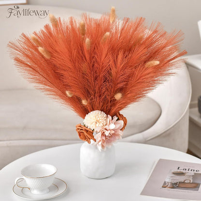 50PCS Brown&White Pampas Grass, 17in Fluffy Boho Feathers Decor
