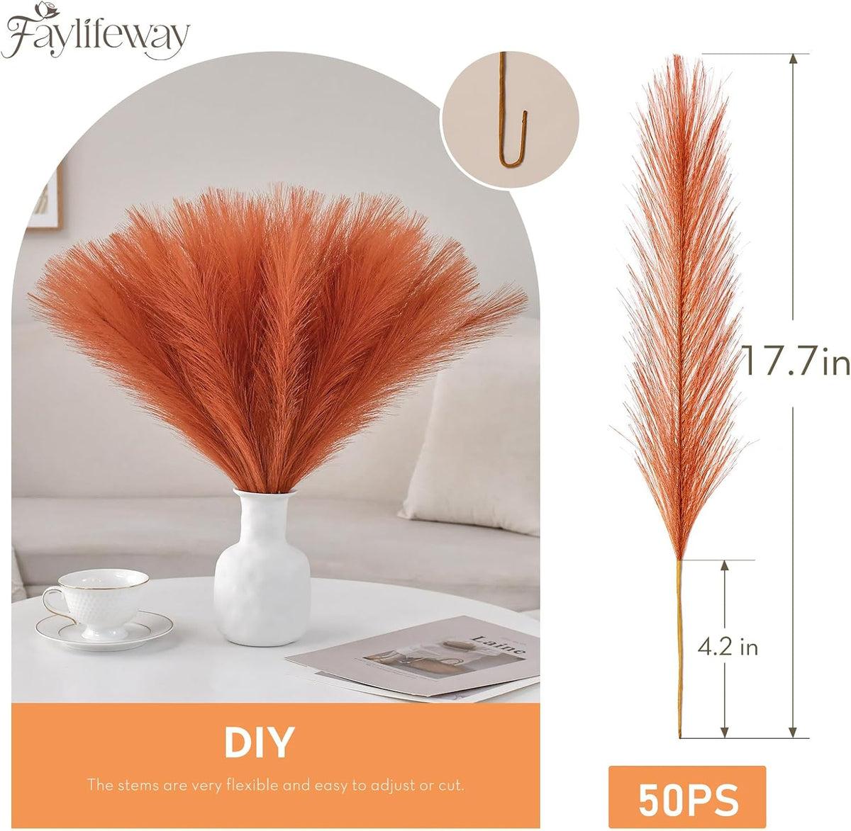 50PCS Brown&White Pampas Grass, 17in Fluffy Boho Feathers Decor