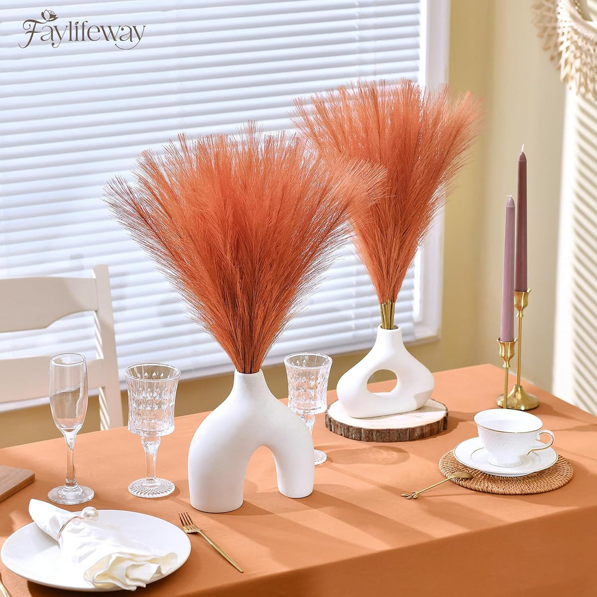 50PCS Brown&White Pampas Grass, 17in Fluffy Boho Feathers Decor