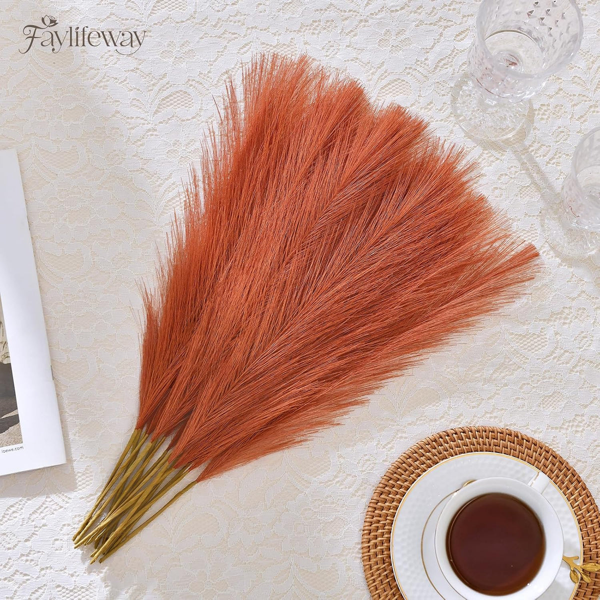 50PCS Brown&White Pampas Grass, 17in Fluffy Boho Feathers Decor