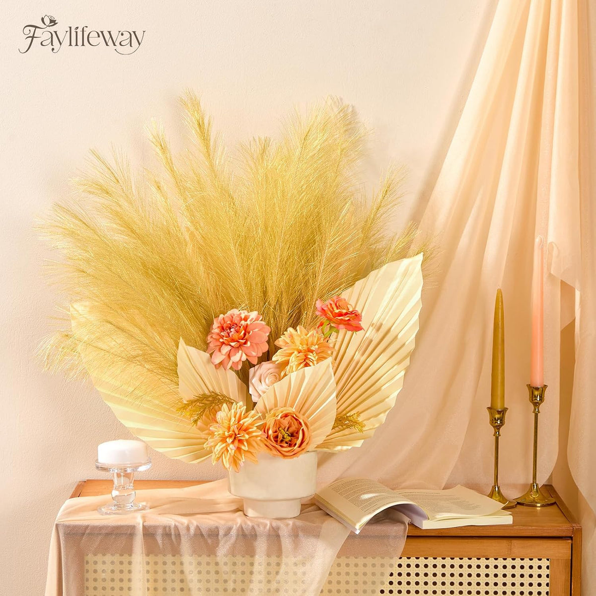 50PCS Brown&White Pampas Grass, 17in Fluffy Boho Feathers Decor