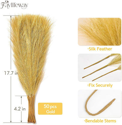 50PCS Brown&White Pampas Grass, 17in Fluffy Boho Feathers Decor