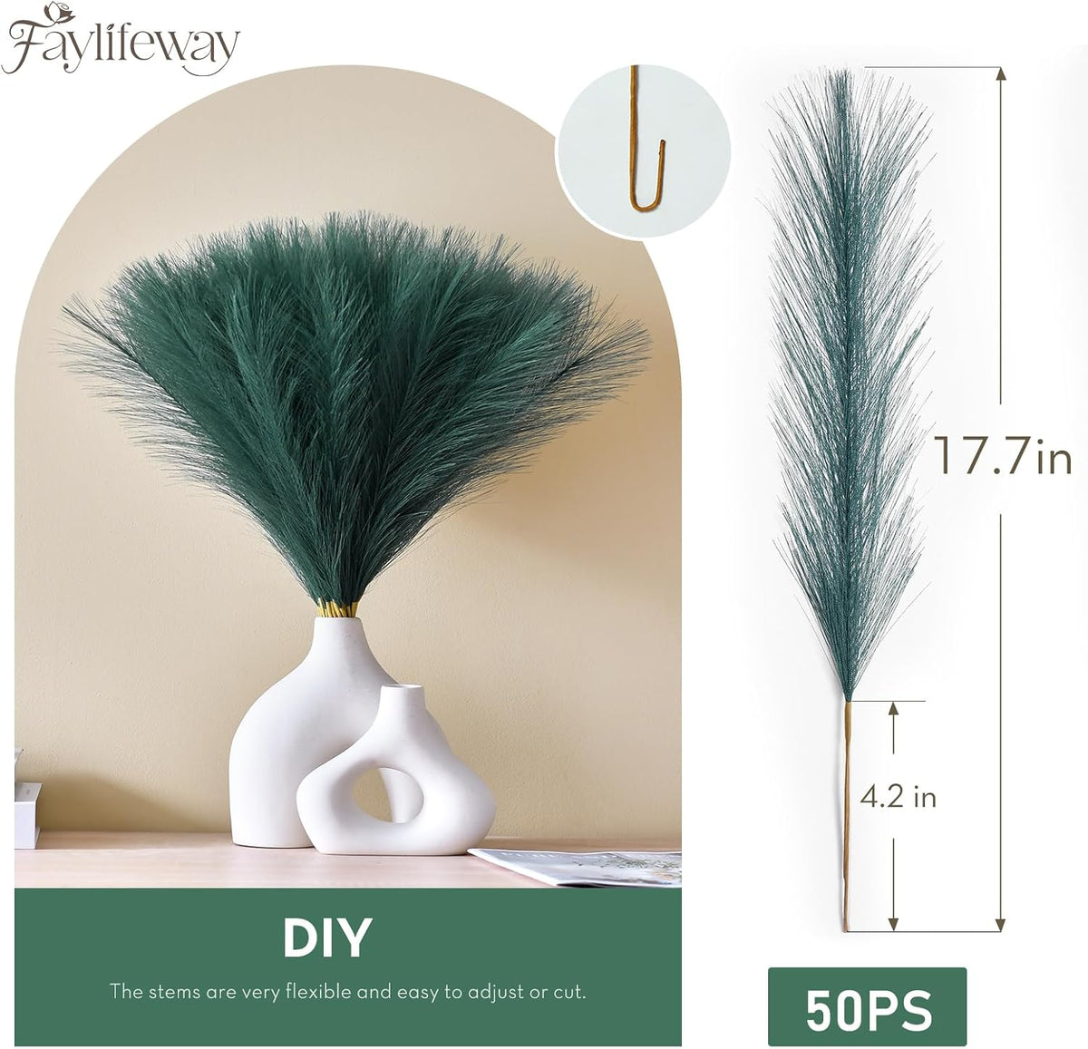 50PCS Brown&White Pampas Grass, 17in Fluffy Boho Feathers Decor