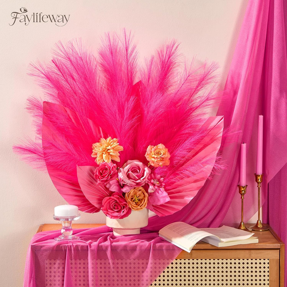 50PCS Brown&White Pampas Grass, 17in Fluffy Boho Feathers Decor
