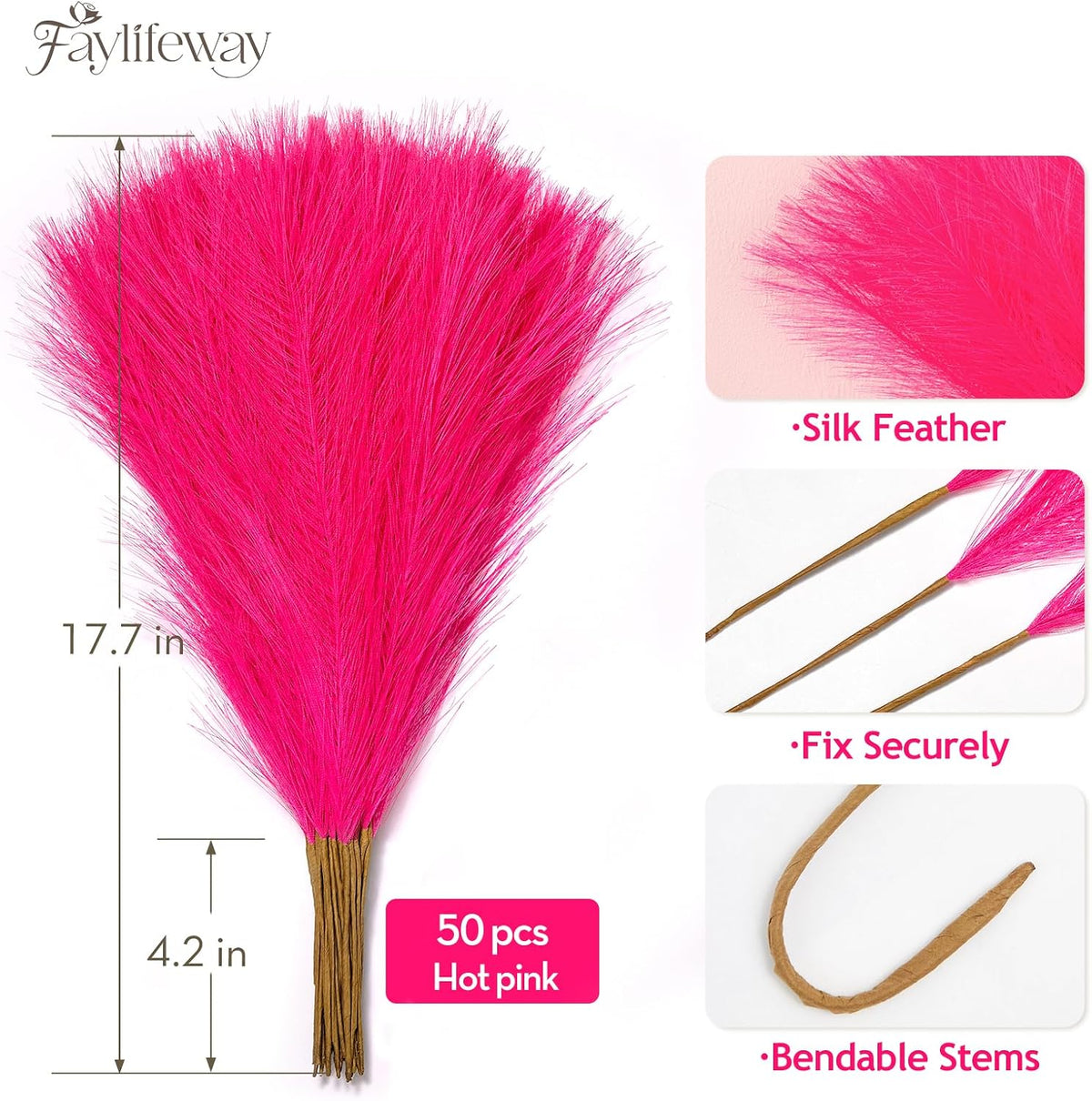 50PCS Brown&White Pampas Grass, 17in Fluffy Boho Feathers Decor