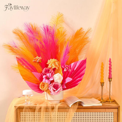 50PCS Brown&White Pampas Grass, 17in Fluffy Boho Feathers Decor