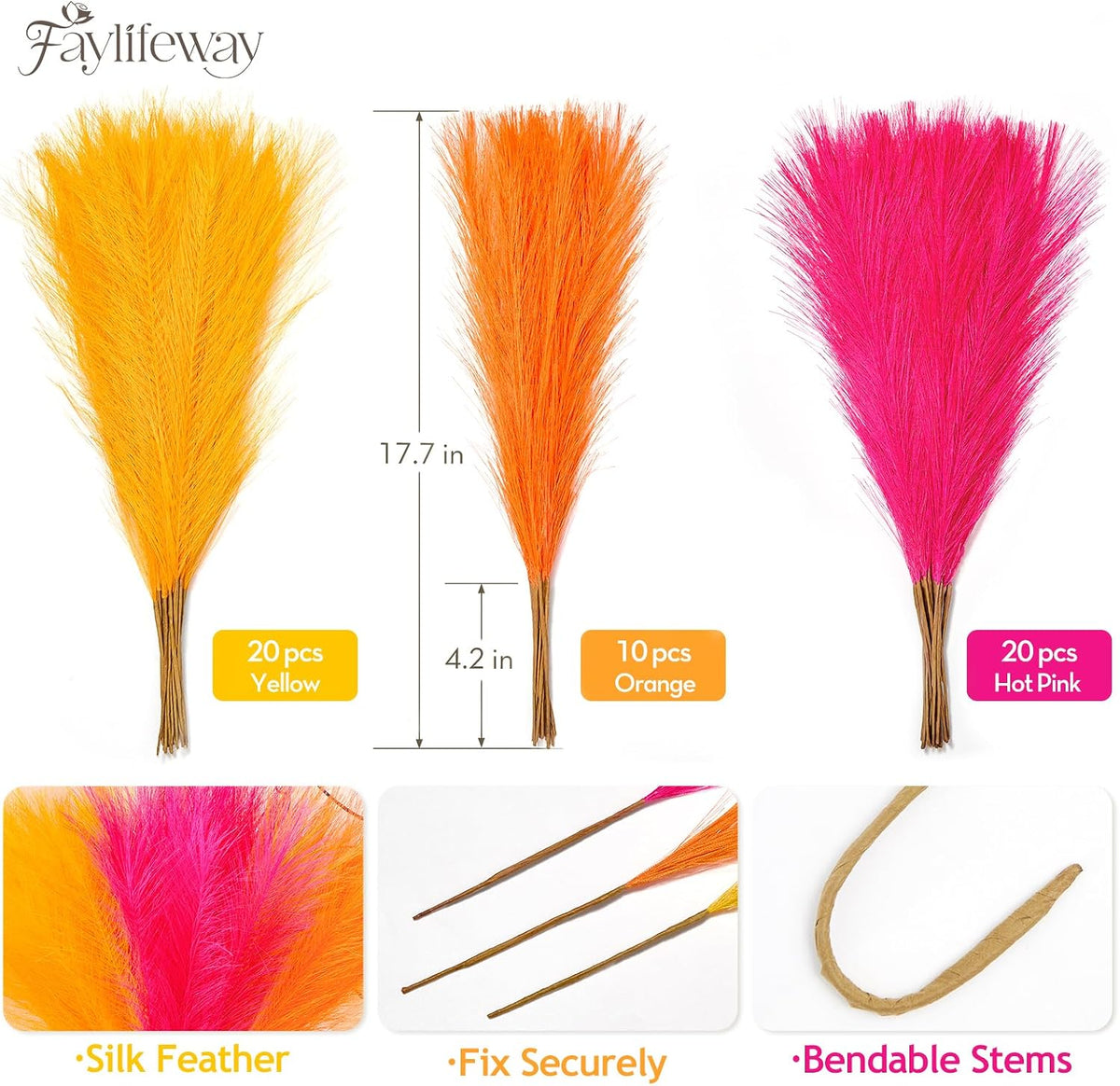 50PCS Brown&White Pampas Grass, 17in Fluffy Boho Feathers Decor