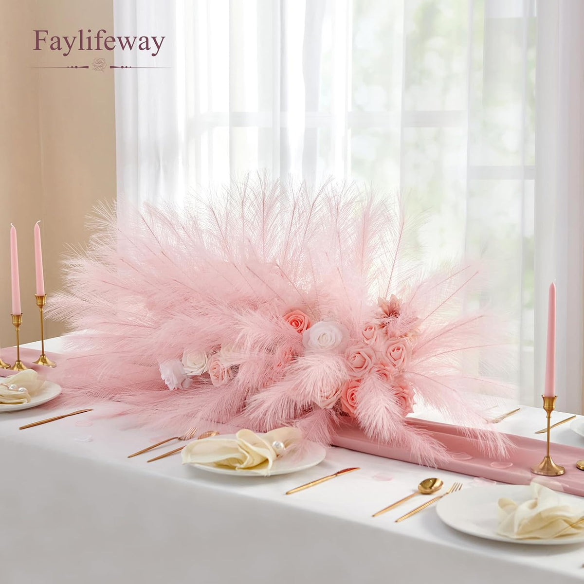 50PCS Brown&White Pampas Grass, 17in Fluffy Boho Feathers Decor