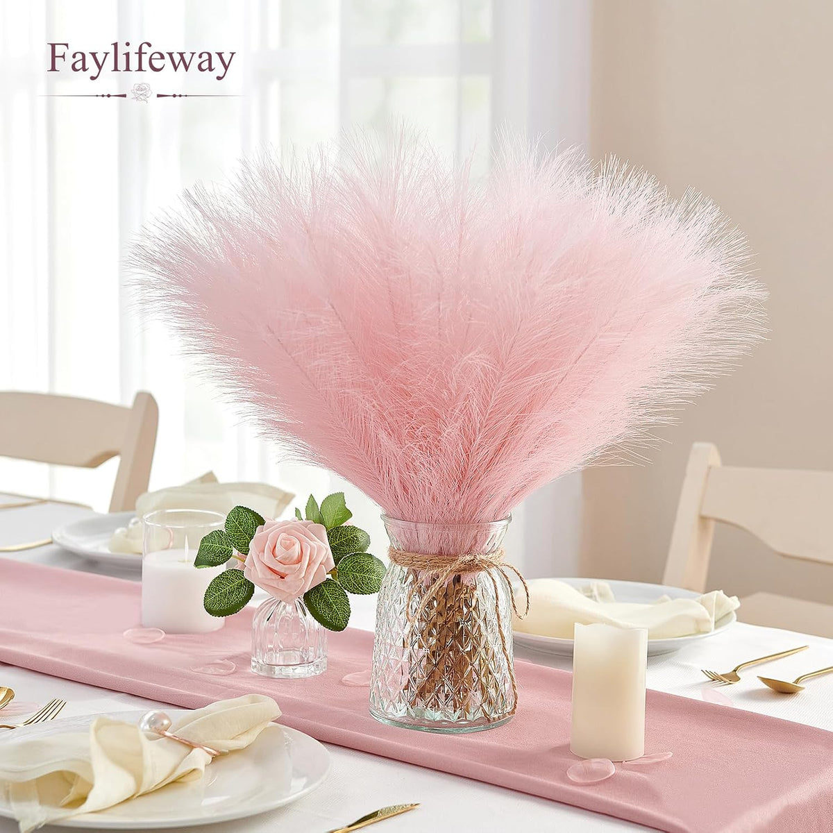 50PCS Brown&White Pampas Grass, 17in Fluffy Boho Feathers Decor