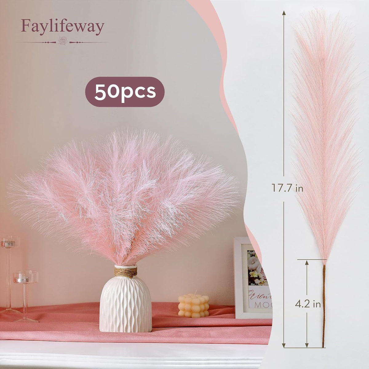 50PCS Brown&White Pampas Grass, 17in Fluffy Boho Feathers Decor