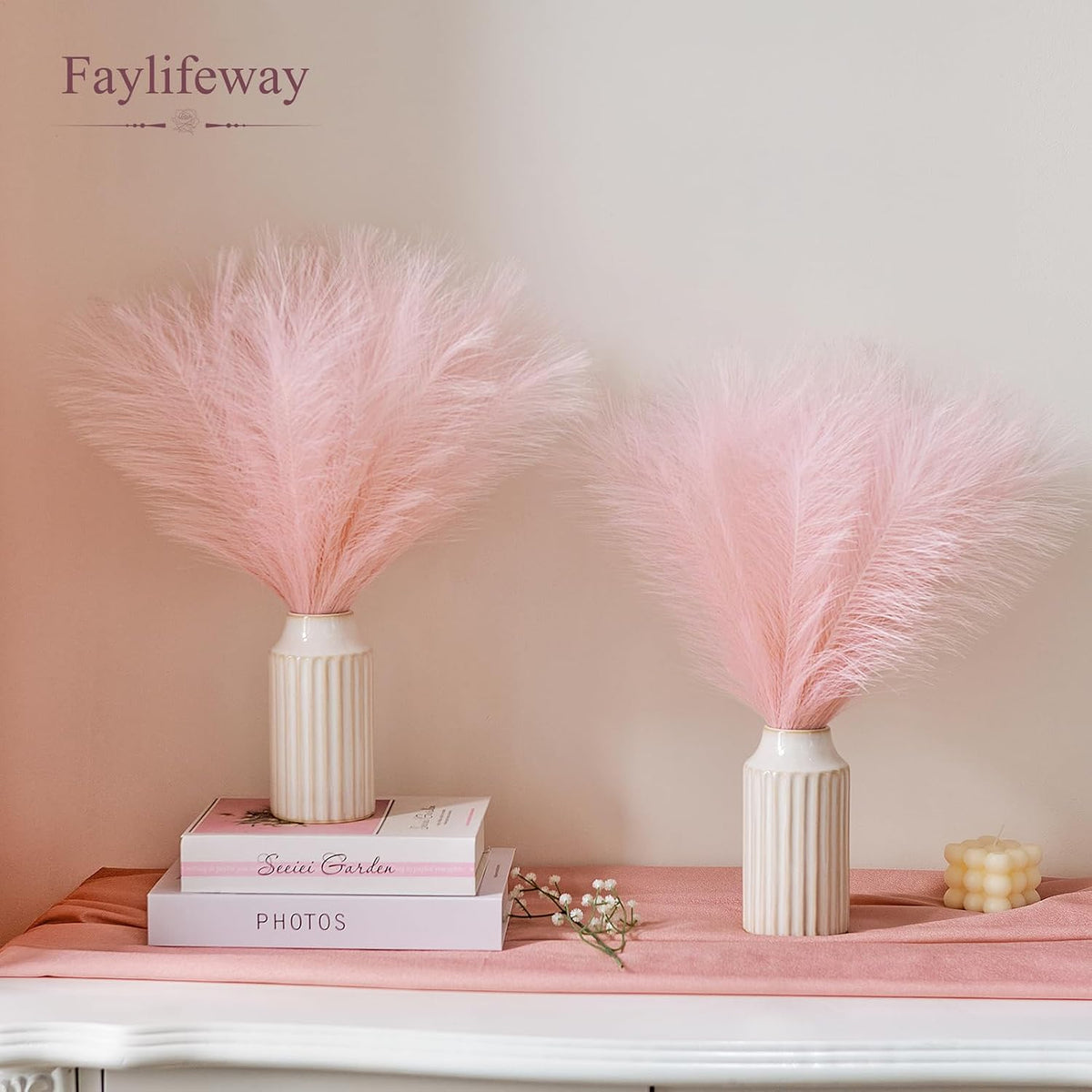 50PCS Brown&White Pampas Grass, 17in Fluffy Boho Feathers Decor