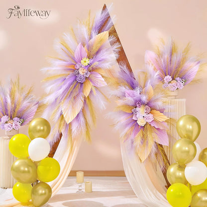 50PCS Brown&White Pampas Grass, 17in Fluffy Boho Feathers Decor