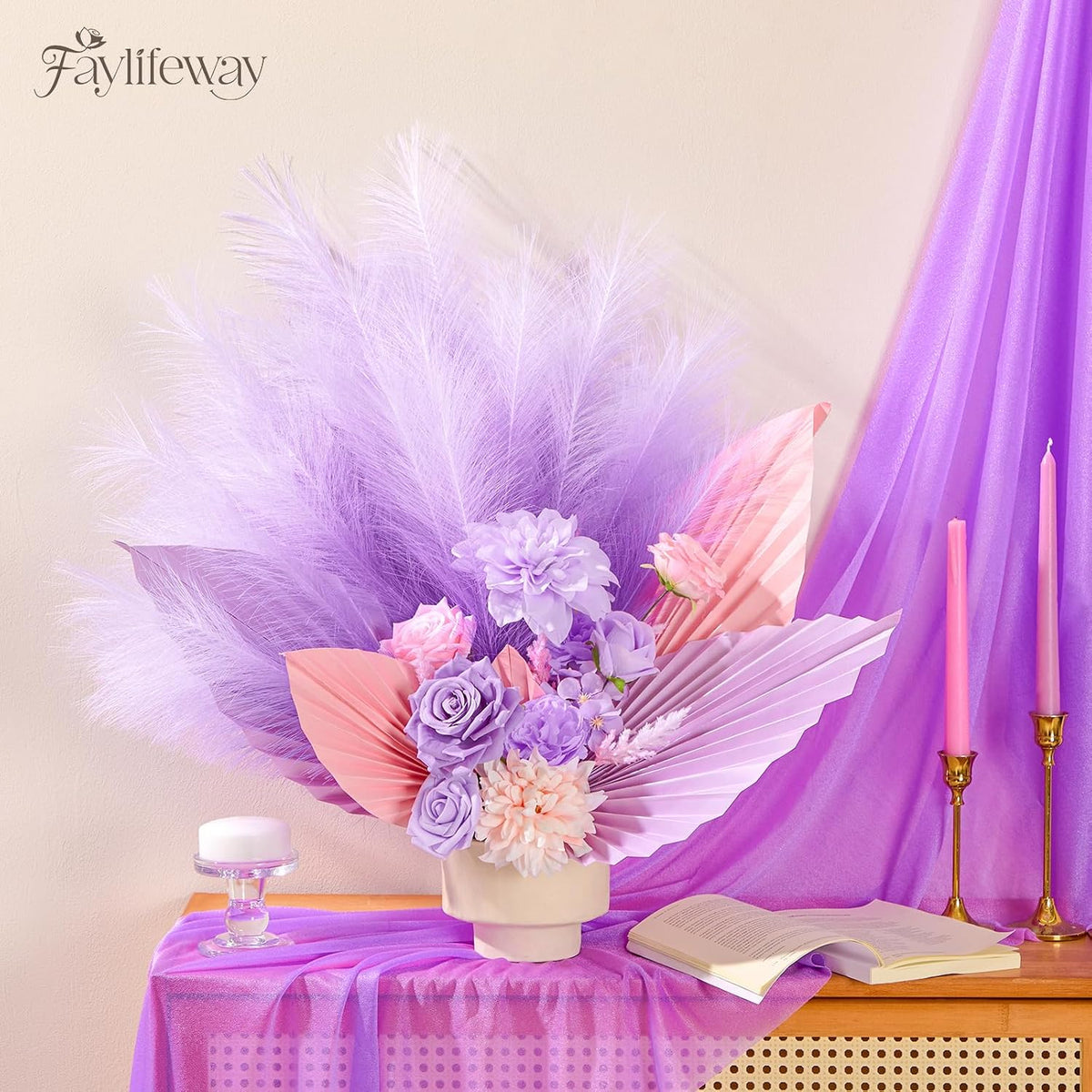 50PCS Brown&White Pampas Grass, 17in Fluffy Boho Feathers Decor